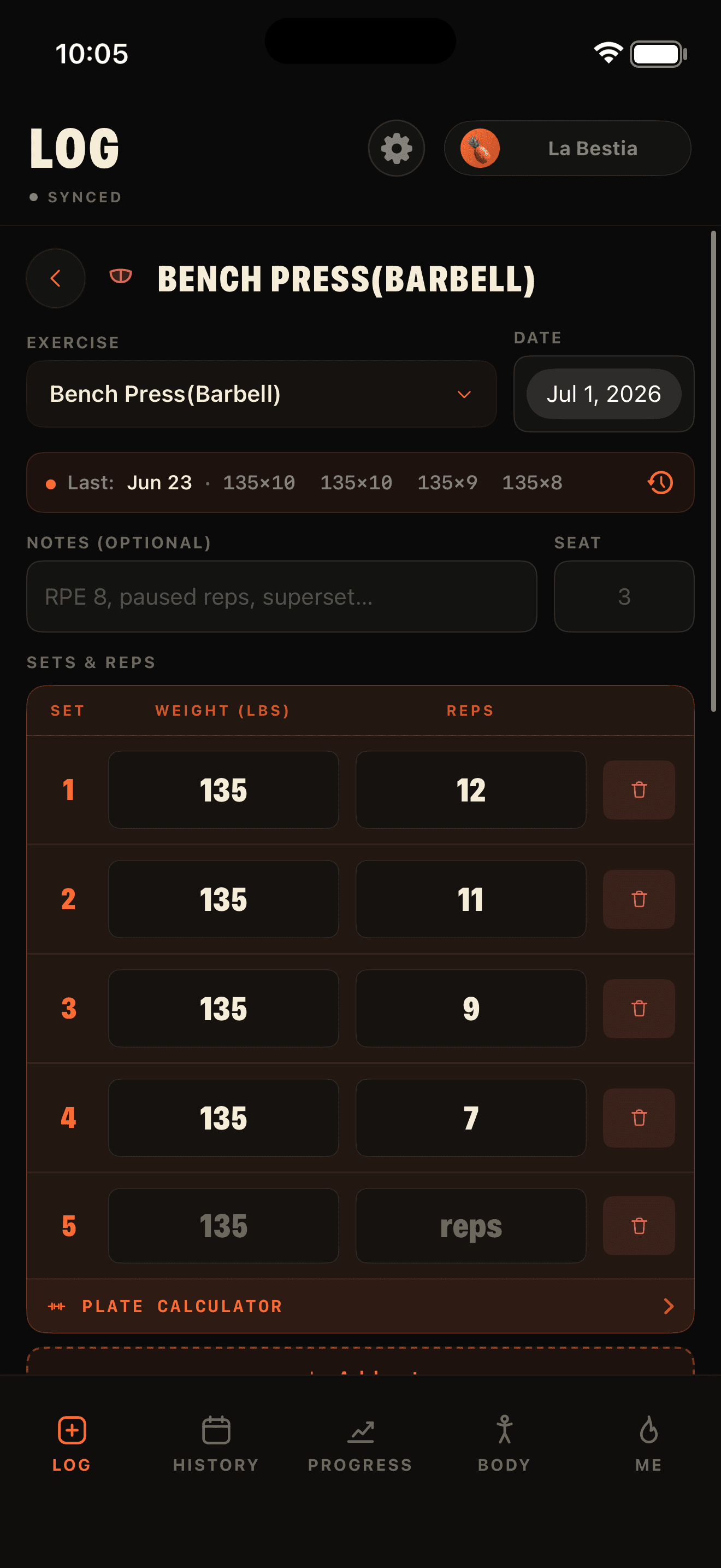 Tiger — logging Bench Press with last-session autofill
